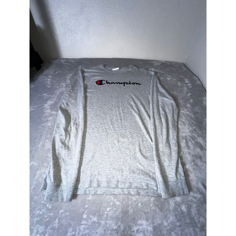 Vintage Y2K Champion Mens Long Sleeve Puff Print Logo Grey Men's Size Large